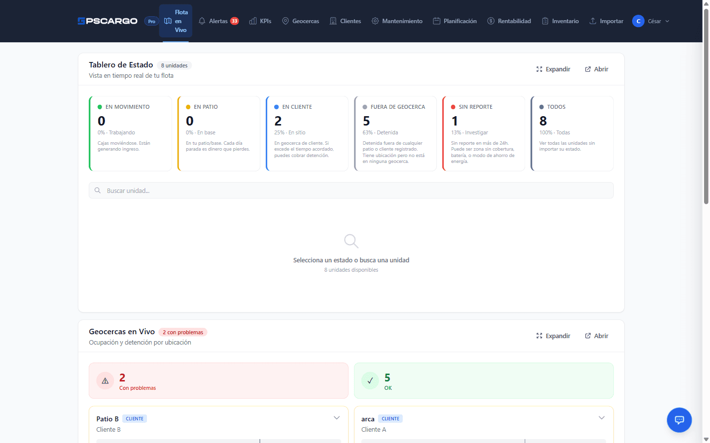 Plataforma GPSCargo — Tablero de estado